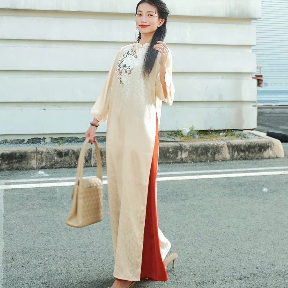 Vietnamese Ao Dai - Ho Diep – Embroidered Áo Dài Set in Cream [Modern cut] - front view in silk in beige by Moc