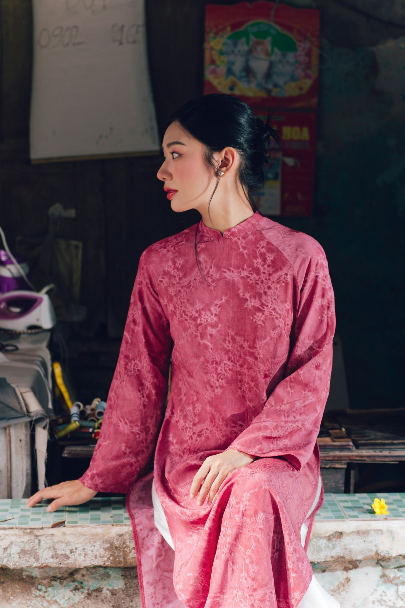 "Khong Tuoc Ao Dai set in dark pink viscose, traditional Vietnamese silk dress by Moc"