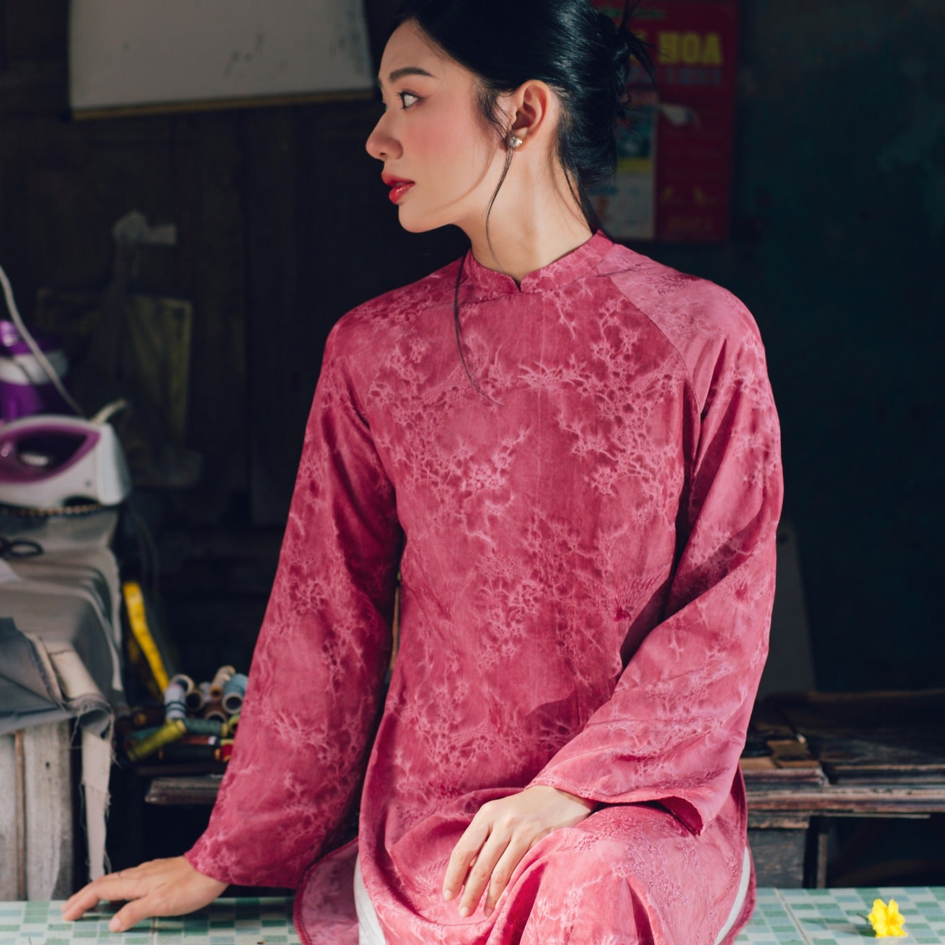 "Khong Tuoc Ao Dai set in dark pink silk, traditional Vietnamese dress by Moc"