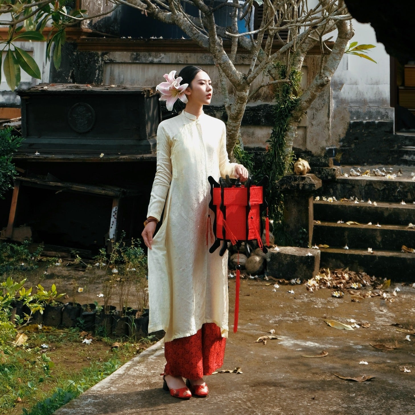 Vietnamese Ao Dai - Ngu Than Ao Dai set - Chrysanthemum pattern Silk in Cream [Traditional cut] - front view in white by Moc