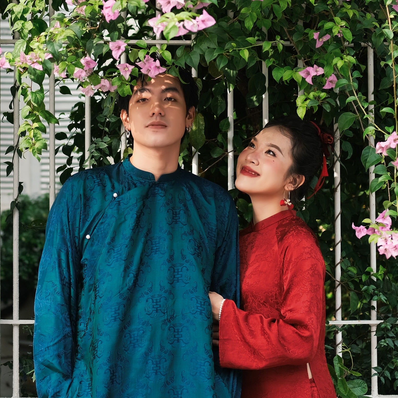 "Loc Tho Ao Dai for Men in dark teal wormsilk with floral jacquard, traditional Vietnamese dress"