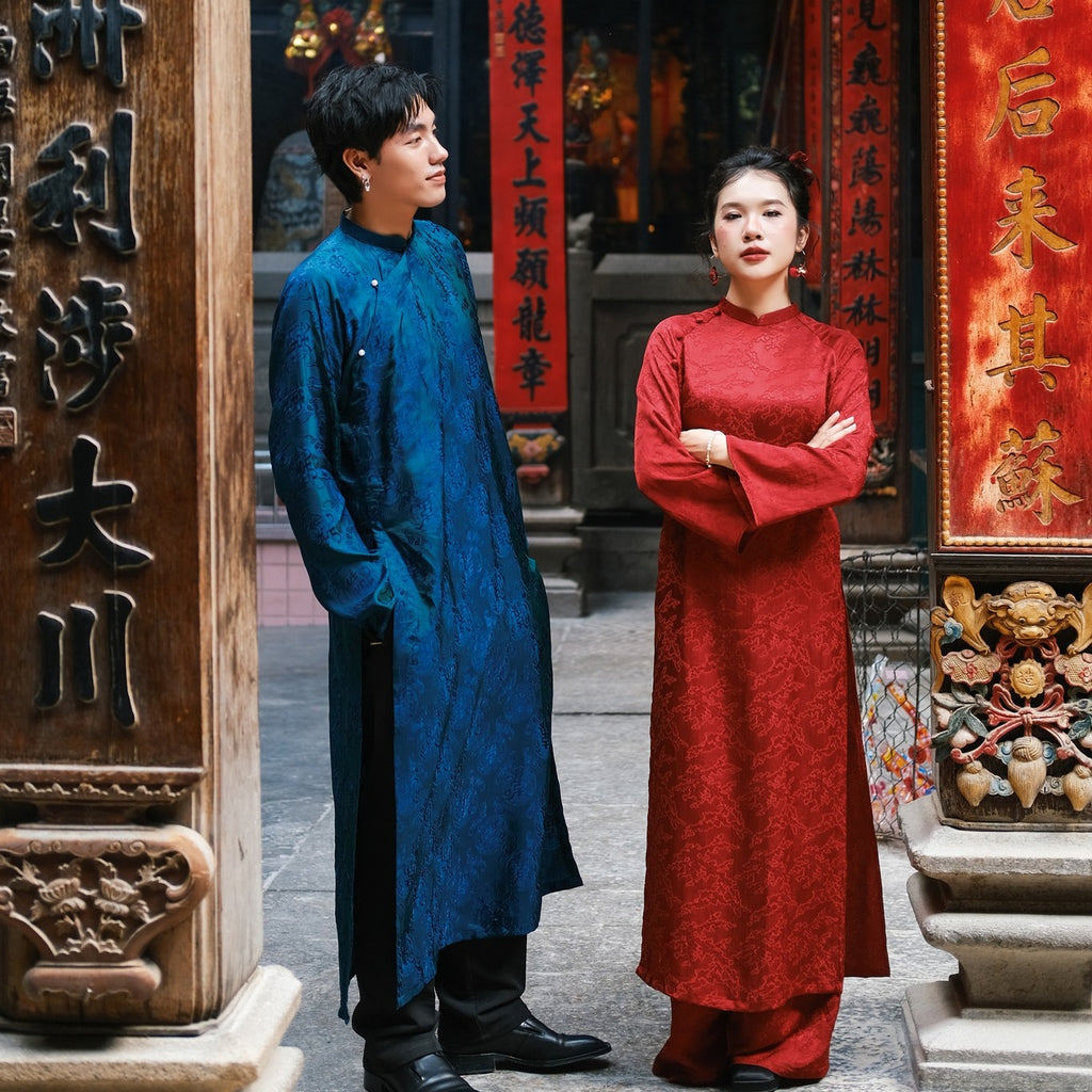 "Loc Tho Ao Dai for Men in dark teal wormsilk with floral jacquard, traditional Vietnamese dress by Moc."