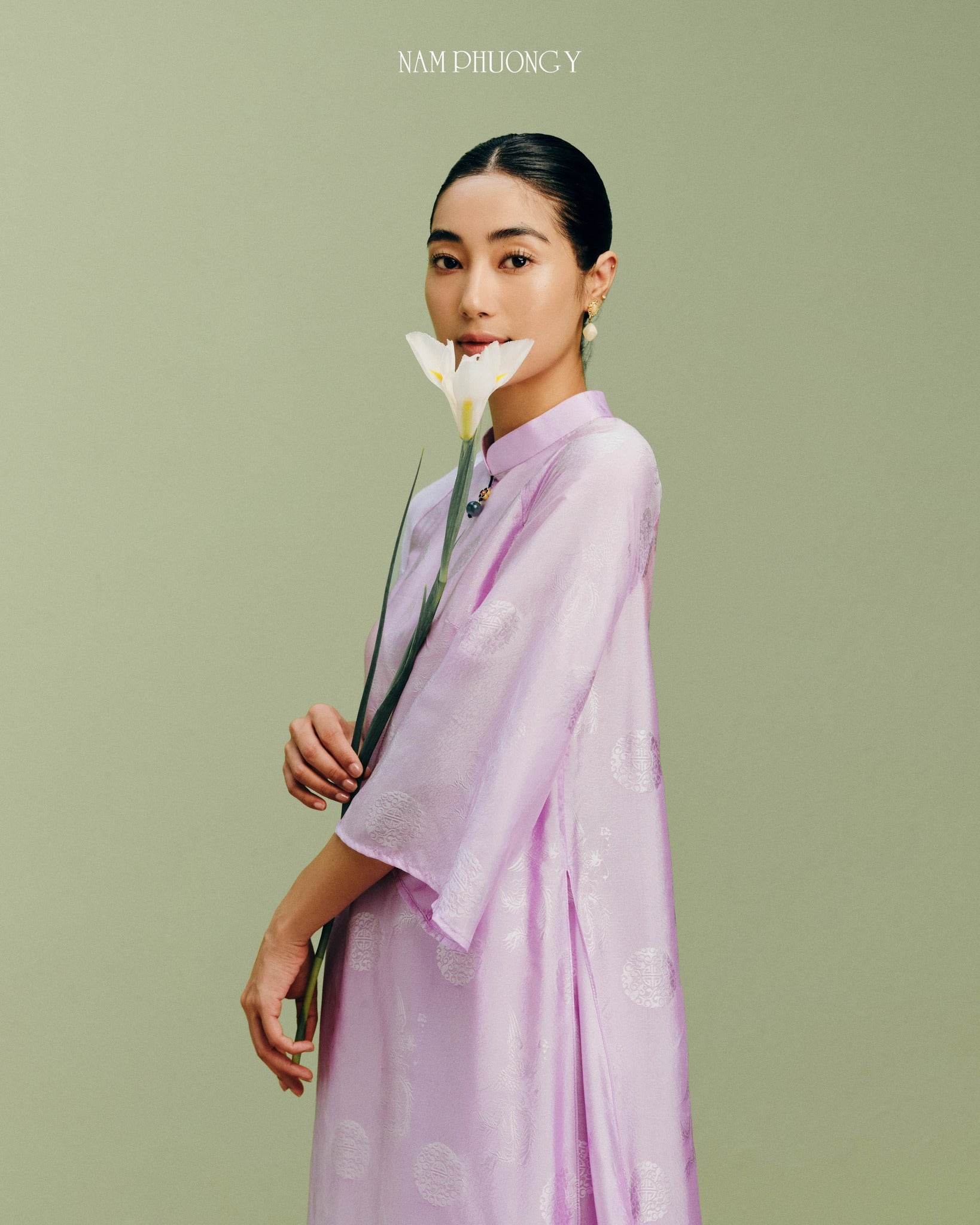 "Phung Cac Luxury Ao dai in light pink silk jacquard, traditional Vietnamese dress by Nam Phuong Y"