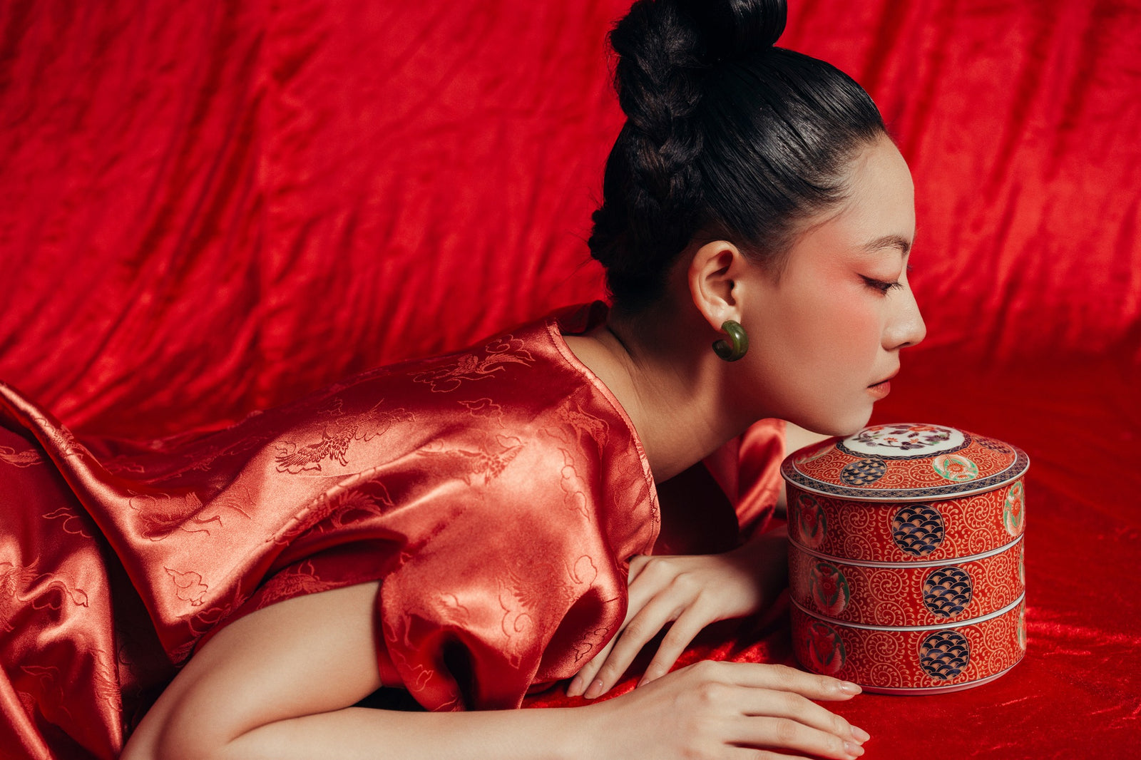 Vietnamese Ao Dai - Yen Van - Limited Edition Worksilk Dress in Blooming Orange - side profile in red by Nam Phuong Y
