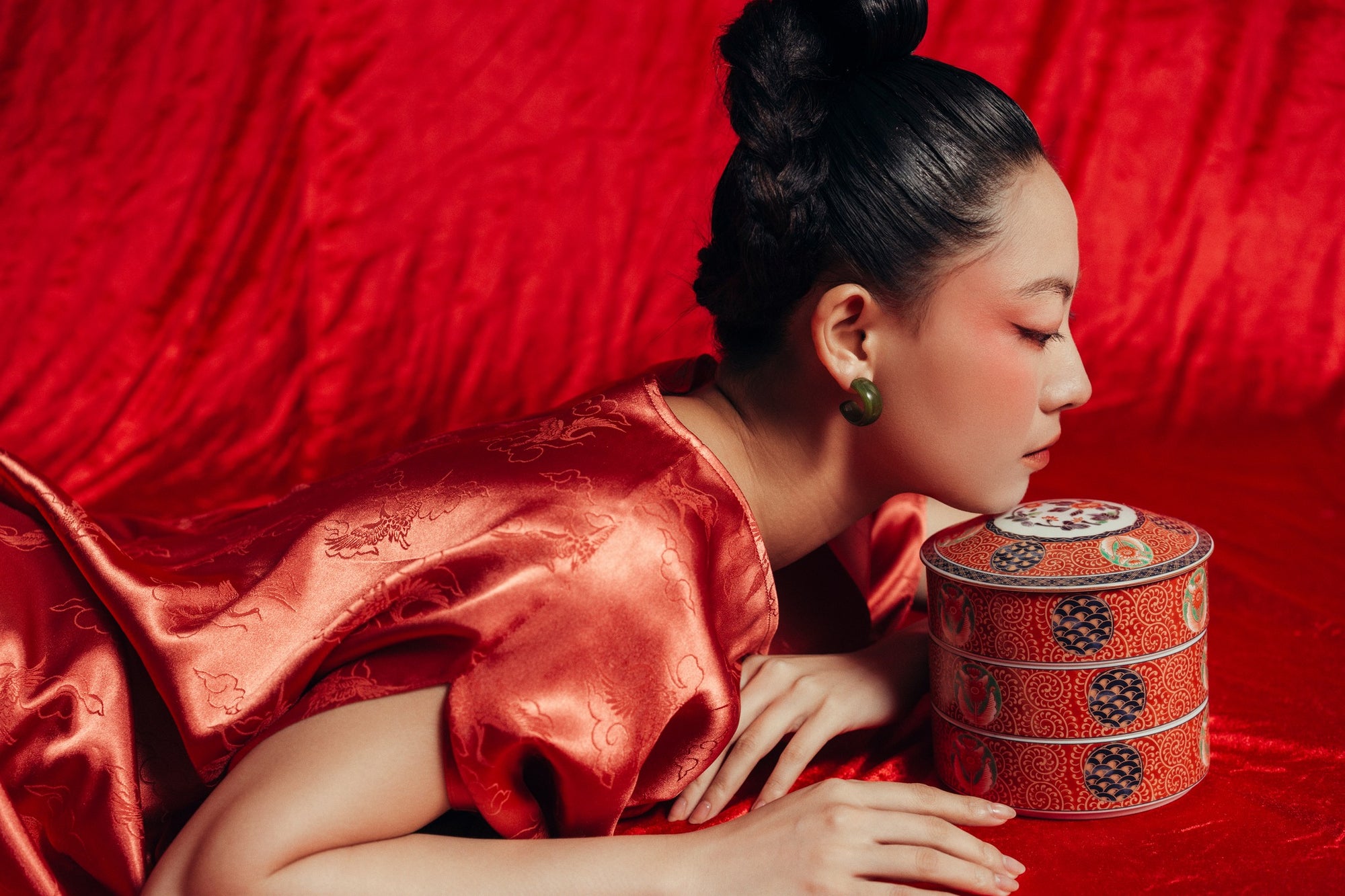 "Yen Van" Limited Edition Worksilk Dress in Blooming Orange, traditional Vietnamese silk jacquard with floral pattern.