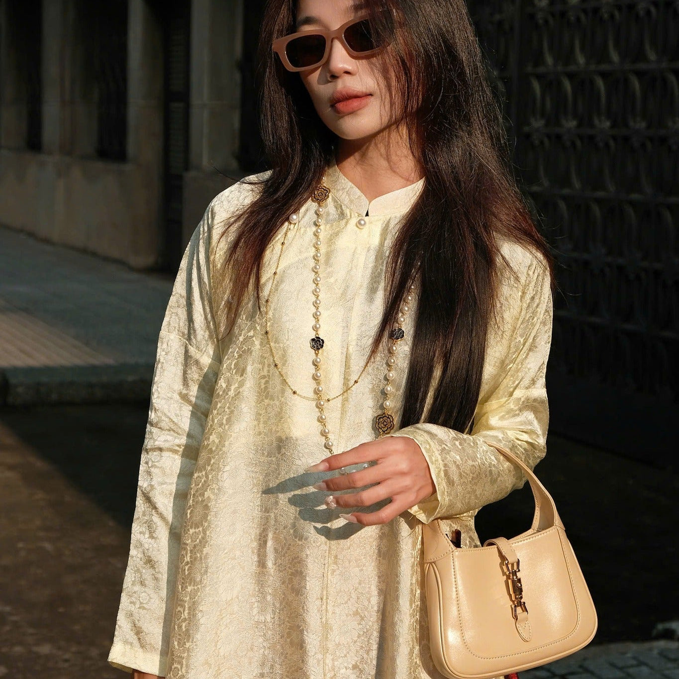 Ngu Than Ao Dai set - Chrysanthemum pattern Silk in Cream [Traditional cut] - front view by Moc