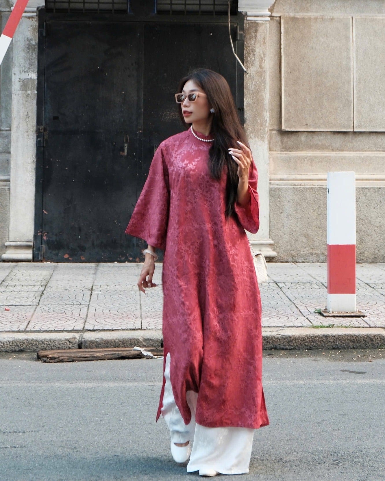 "Khong Tuoc Ao Dai set in dark pink viscose, traditional Vietnamese dress by Moc, with white silk pants."