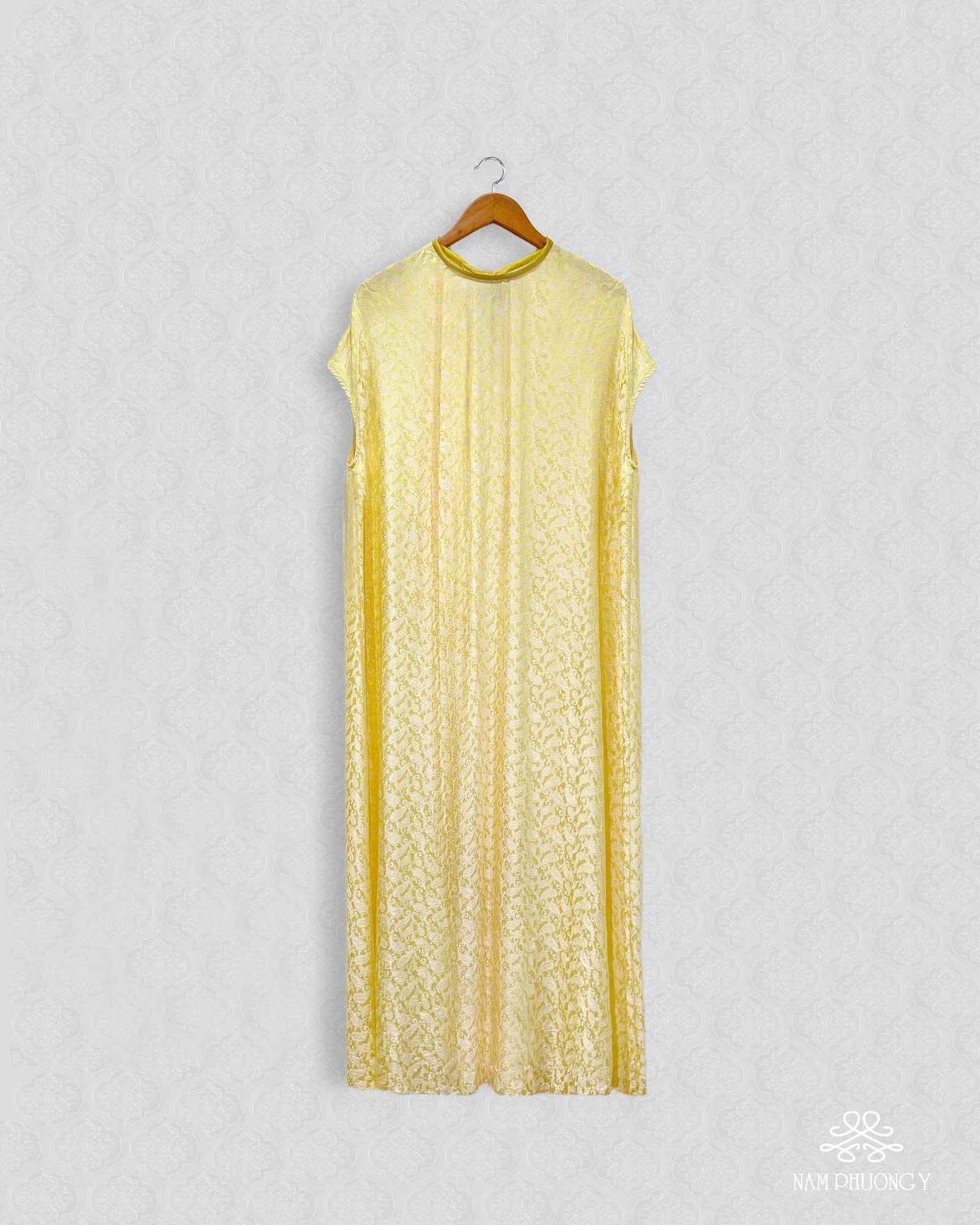 Vietnamese Ao Dai - Hoang Cuc - Premium Worksilk Dress in Blooming Yellow - front view in brocade in yellow by Nam Phuong Y