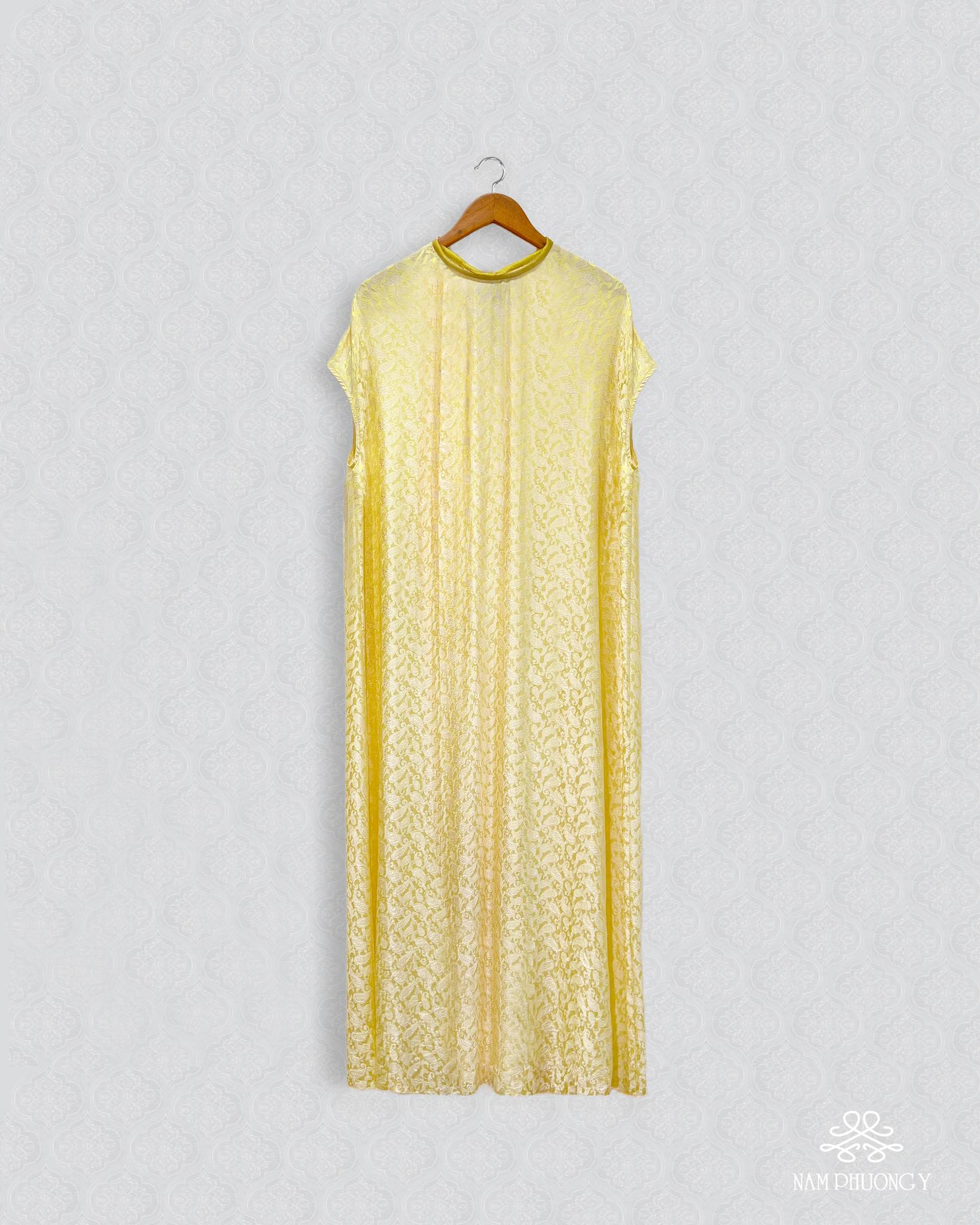 "Hoang Cuc" Premium Worksilk Dress in Blooming Yellow, Traditional Vietnamese Silk Jacquard with Floral Pattern