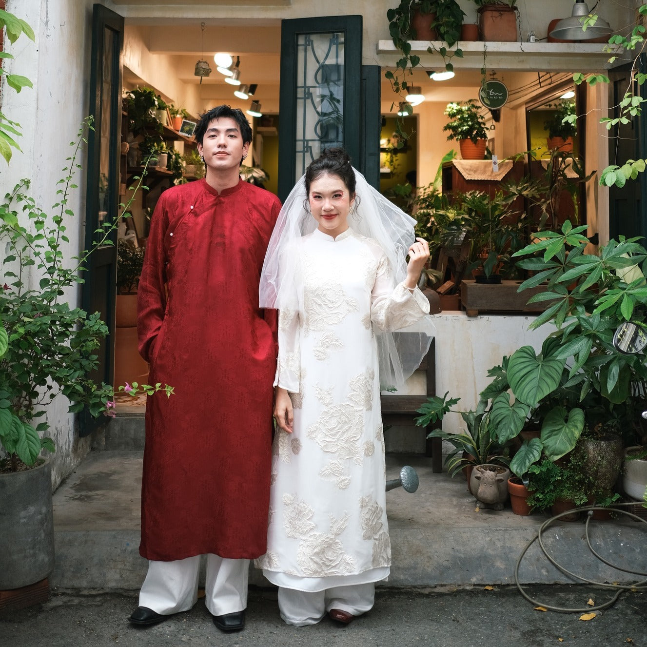 "Loc Tho Ao Dai for Men in crimson wormsilk with floral jacquard, traditional Vietnamese dress by Moc."