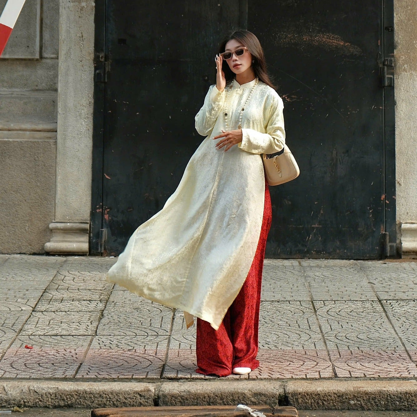 Vietnamese Ao Dai - Ngu Than Ao Dai set - Chrysanthemum pattern Silk in Cream [Traditional cut] - front view in beige by Moc