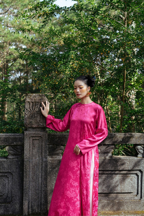 "Bich Dao" - Premium Brocade silk Ao dai Set Dress in Pink