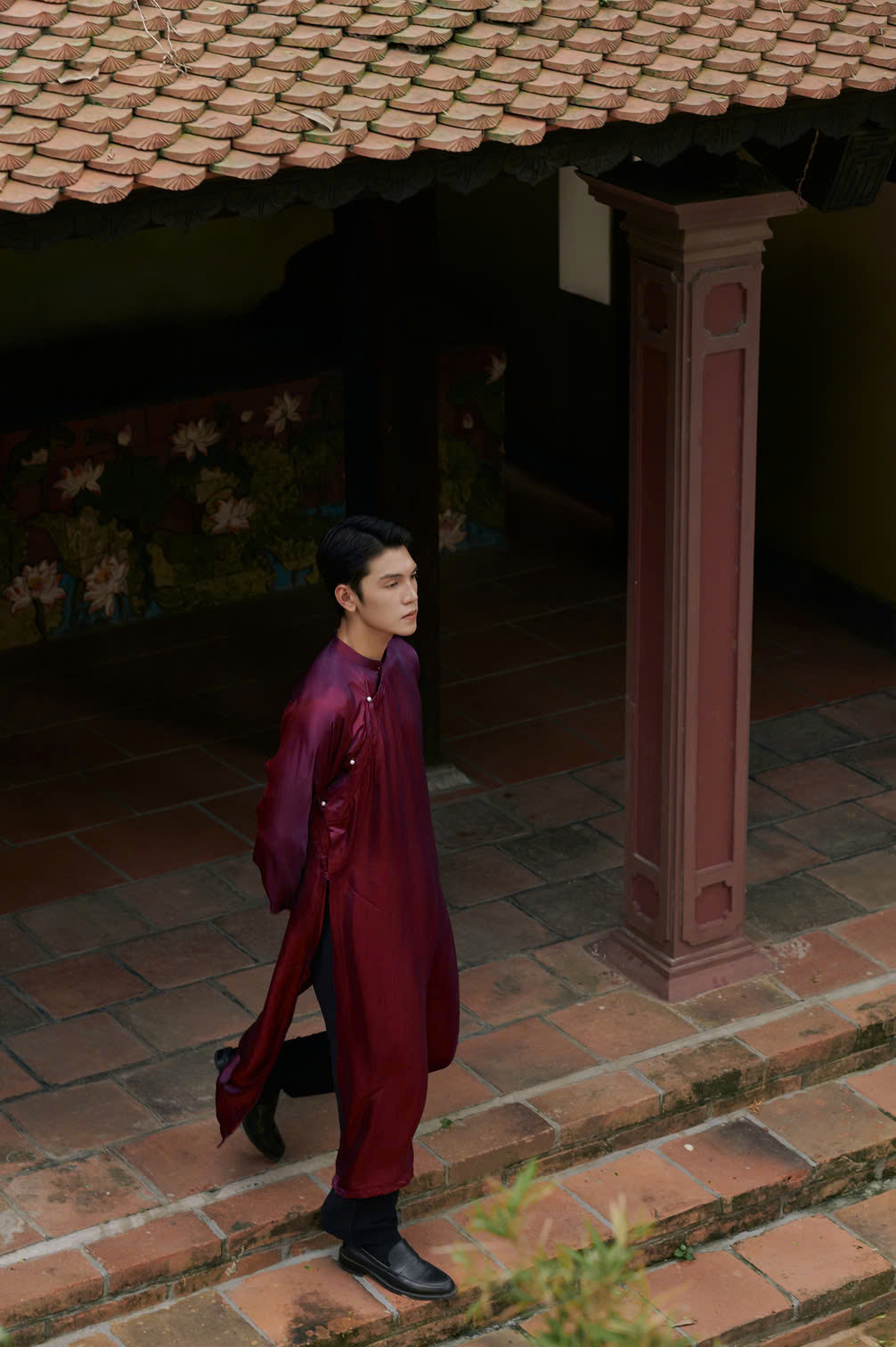 "Traditional Vietnamese Ao Dai for Men in wine red artisan silk, modern design"