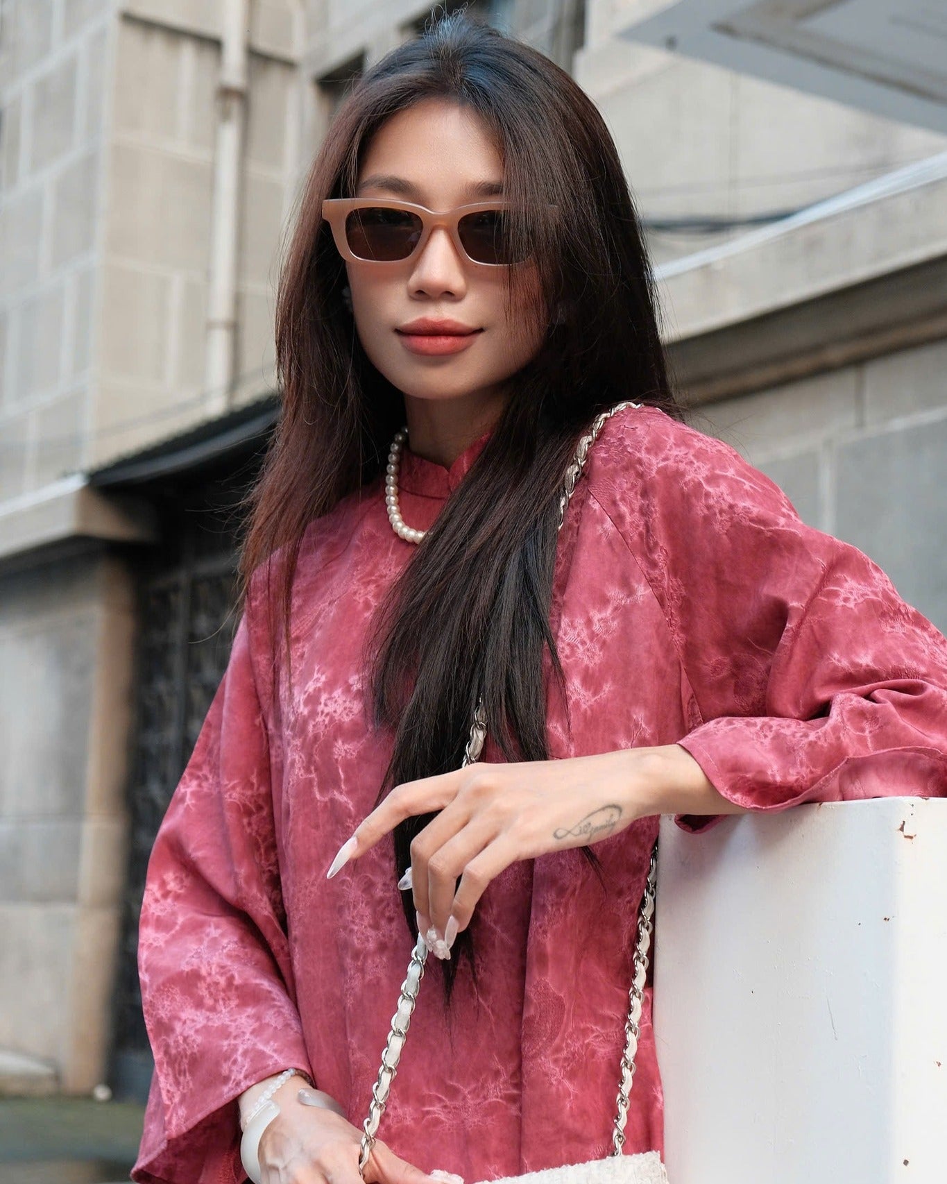 "Khong Tuoc Ao Dai set in dark pink silk, traditional Vietnamese dress by Moc"
