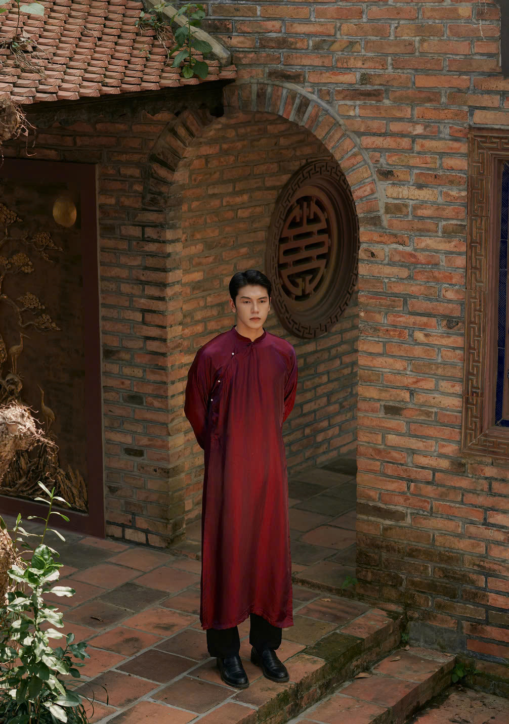 "Traditional Vietnamese Ao Dai for Men in wine red artisan silk, modern design"