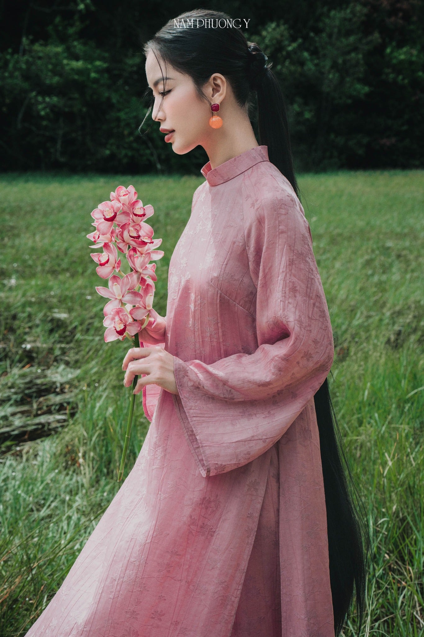 "Nhu Khue pink silk Ao dai set by Nam Phuong Y, traditional Vietnamese dress"