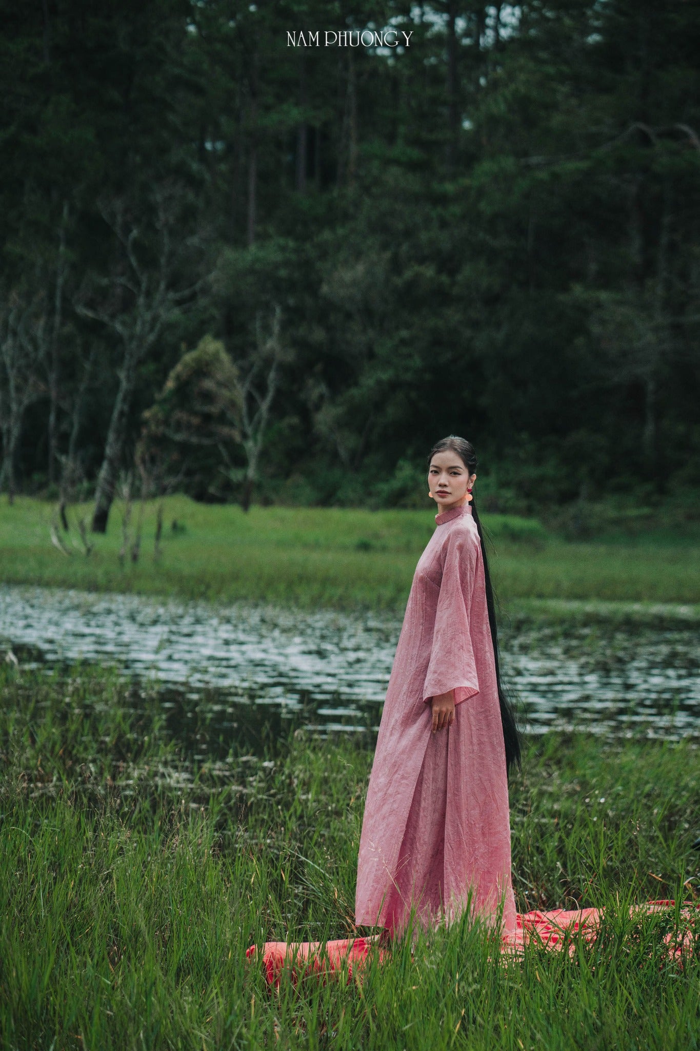 "Nhu Khue Premium Natural Silk Ao dai Set in Pink, traditional Vietnamese dress by Nam Phuong Y."