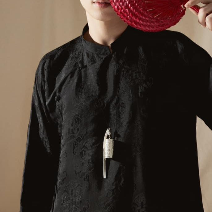 Vietnamese Embroidery - Khánh Âm – Sacred Scroll Pendant - front view in brocade in black by HI de Maison