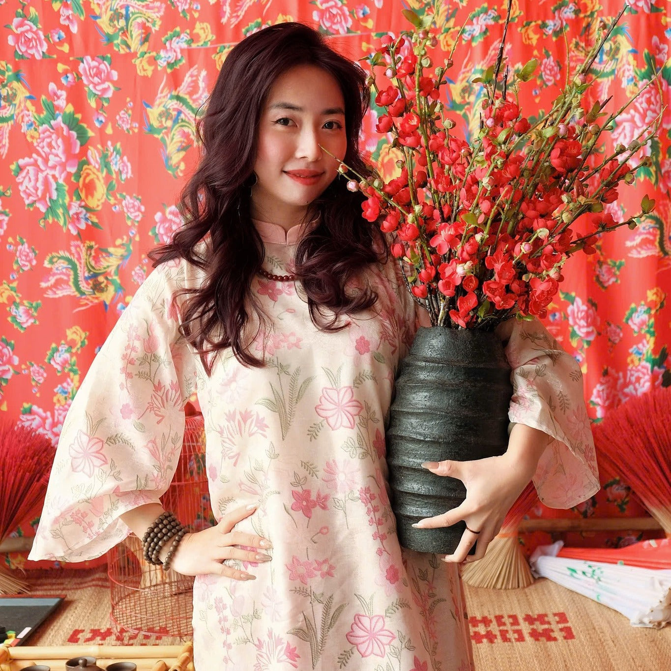 "Thieu Hoa - Pink Jacquard Ao Dai Set, Traditional Vietnamese Dress with Floral Embroidery"