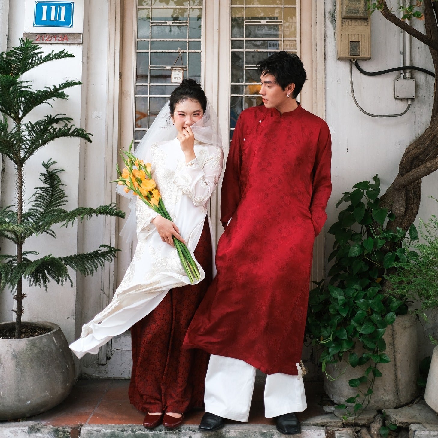 "Loc Tho Ao Dai for Men in crimson wormsilk with floral jacquard, traditional Vietnamese dress by Moc"