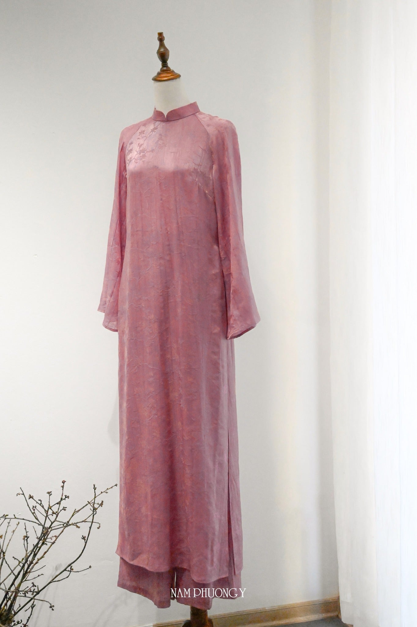 "Premium Natural Silk Ao dai Set in Pink by Nam Phuong Y - Traditional Vietnamese Dress"