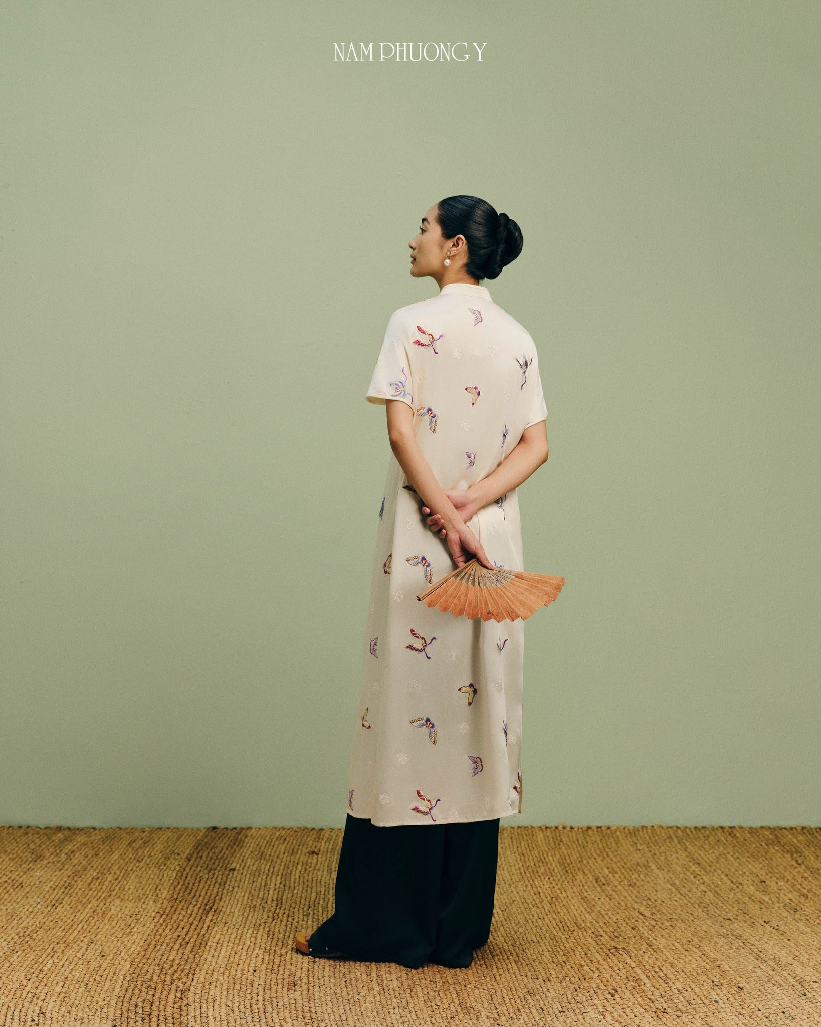 "Tú Điệp" Premium Áo Dài Set in Ivory Silk with Embroidered Patterns, Traditional Vietnamese Dress by Nam Phuong Y.