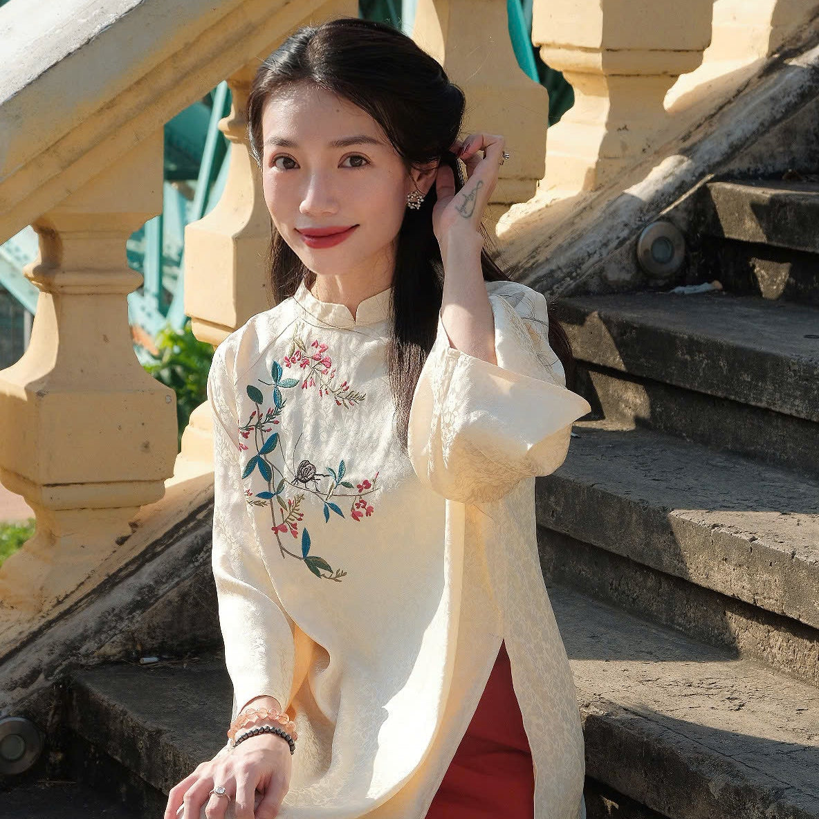 Vietnamese Ao Dai - Ho Diep – Embroidered Áo Dài Set in Cream [Modern cut] - front view in silk in beige by Moc