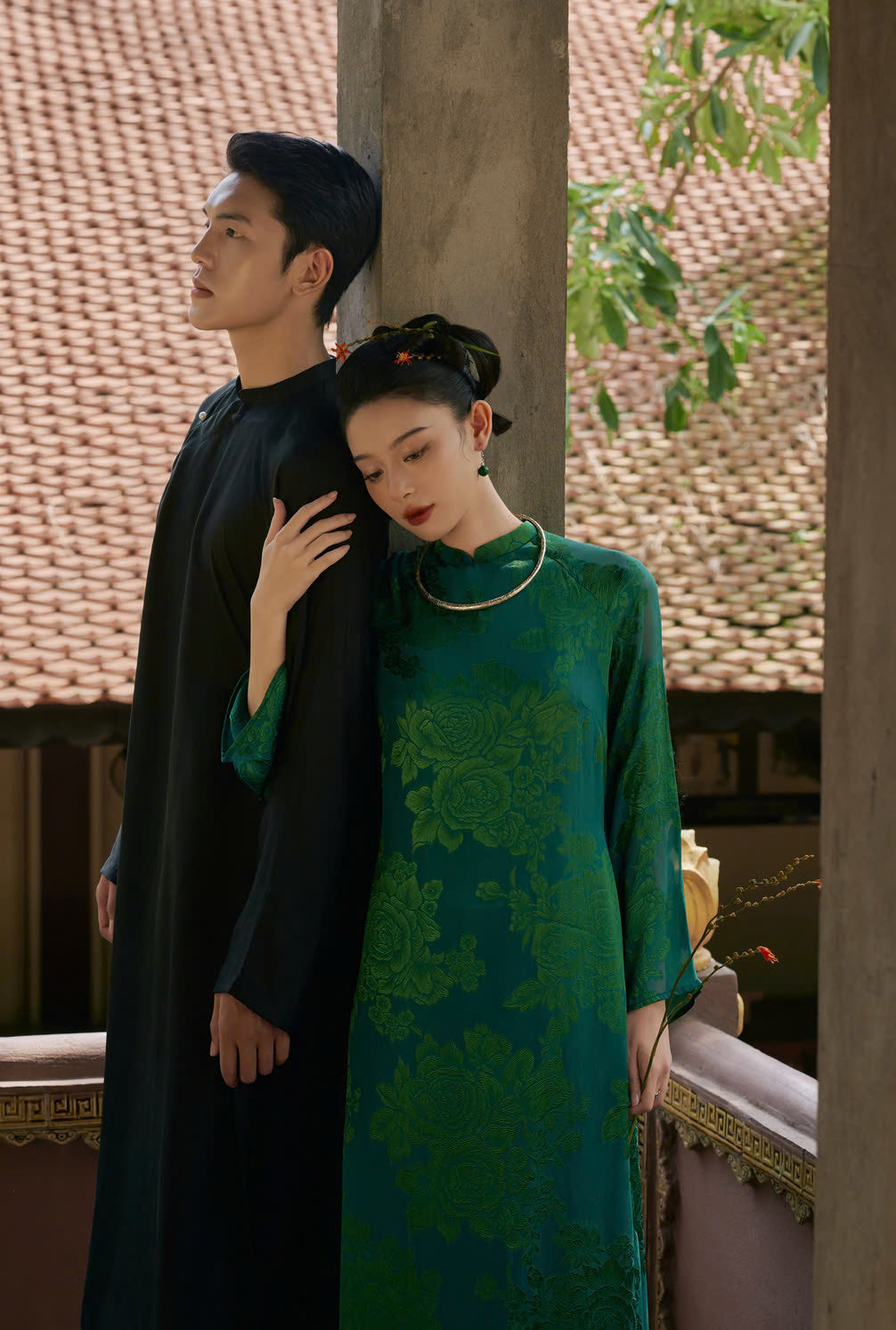 Vietnamese Ao Dai - Ao Dai for Men - Wormsilk - styled presentation in green by Moc
