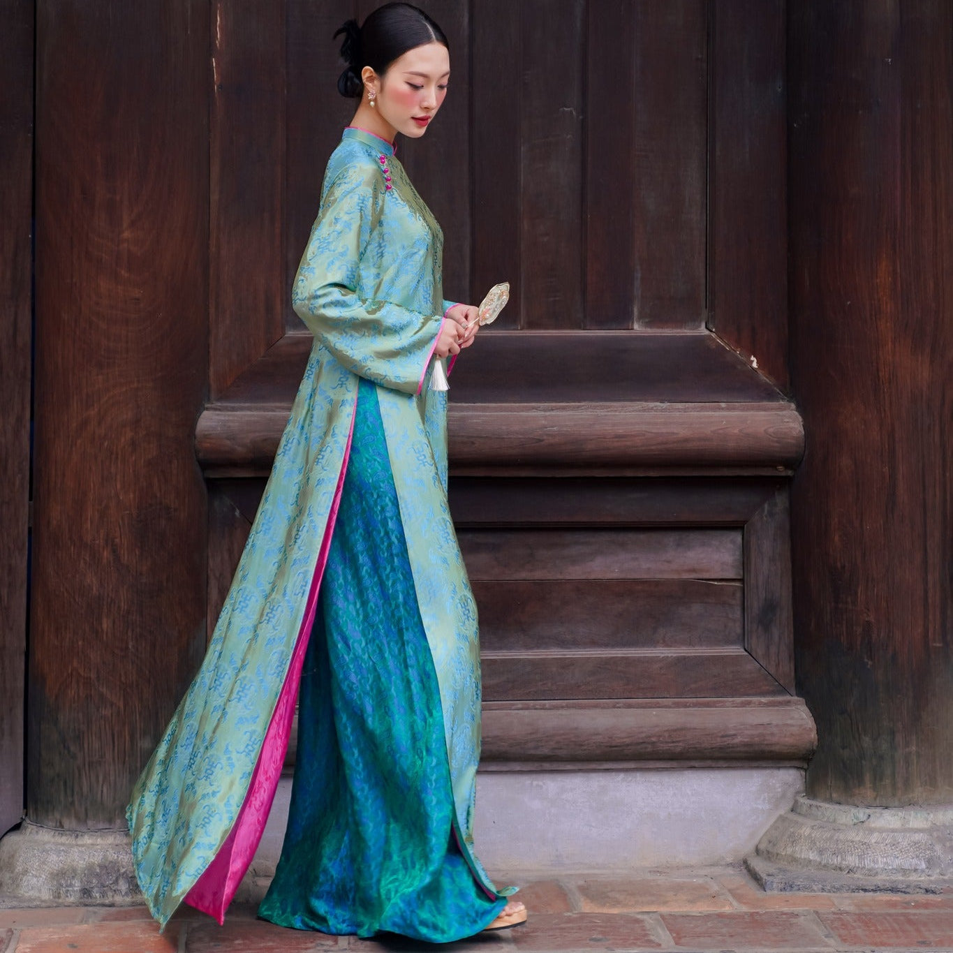 "Ngu Phuc" - Wormsilk Modern Ao Dai Set with beaded button in Jade - View 1 - Premium Vietnamese Fashion