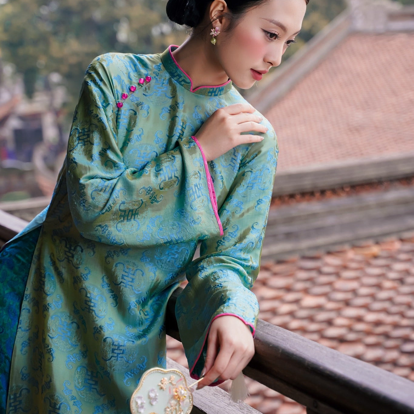"Ngu Phuc" - Wormsilk Modern Ao Dai Set with beaded button in Jade - View 2 - Premium Vietnamese Fashion