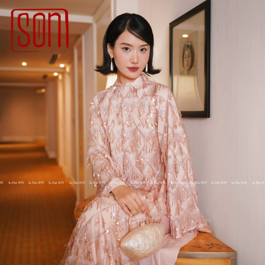 "Thuoc Son sequined Ao Dai set in blush pink silk, traditional Vietnamese dress, wedding collection."