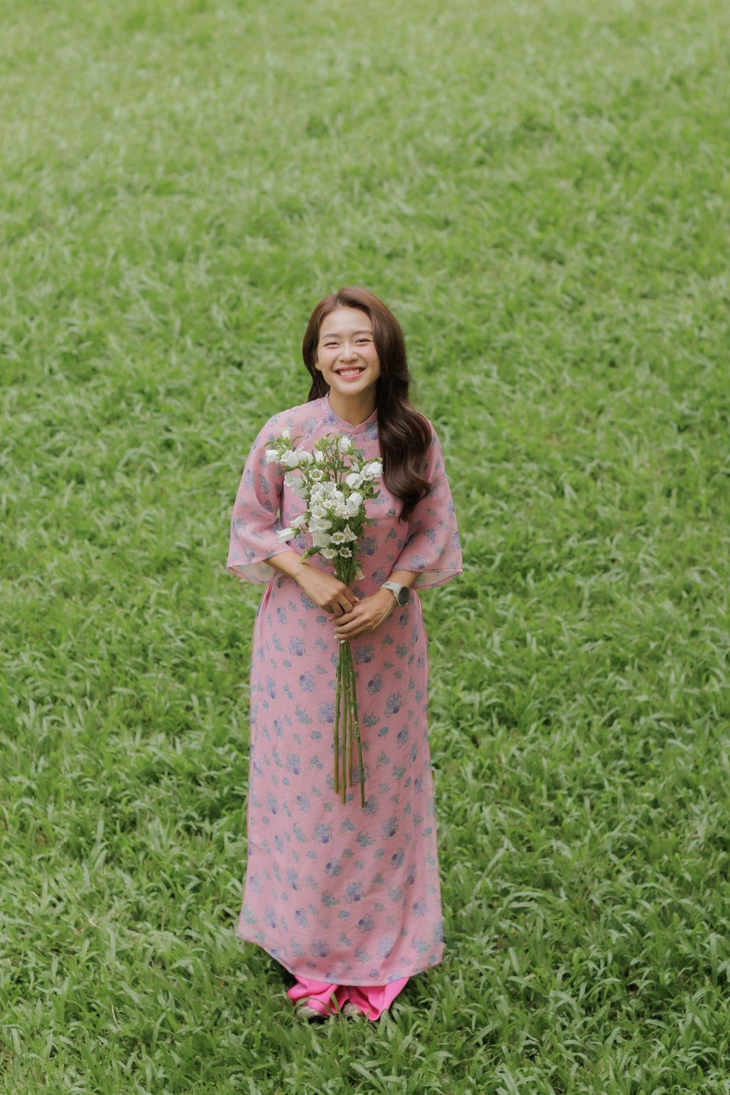 Xuan Ca Ao dai set - flower in Pink