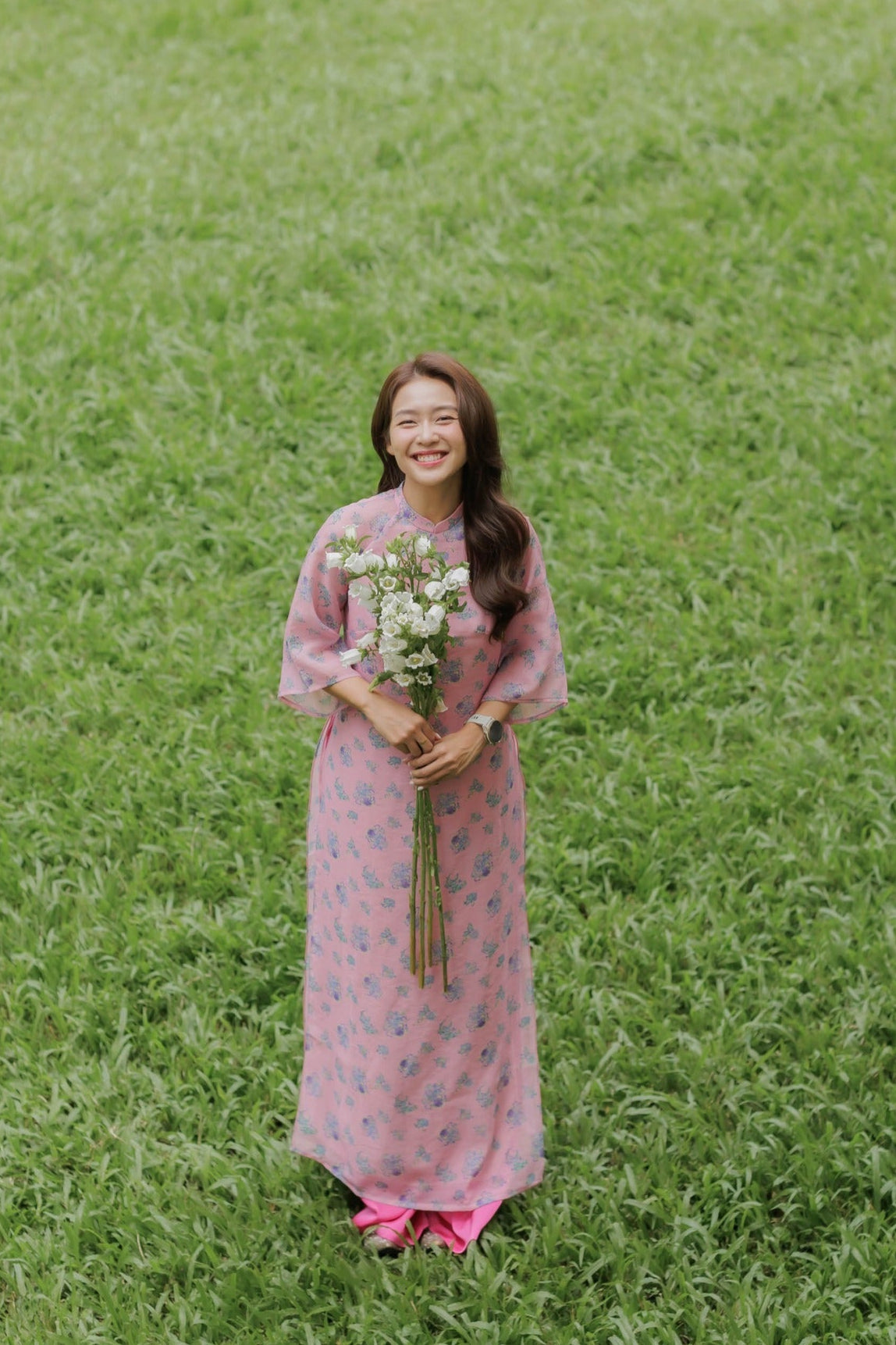 Xuan Ca Ao dai set - flower in Pink