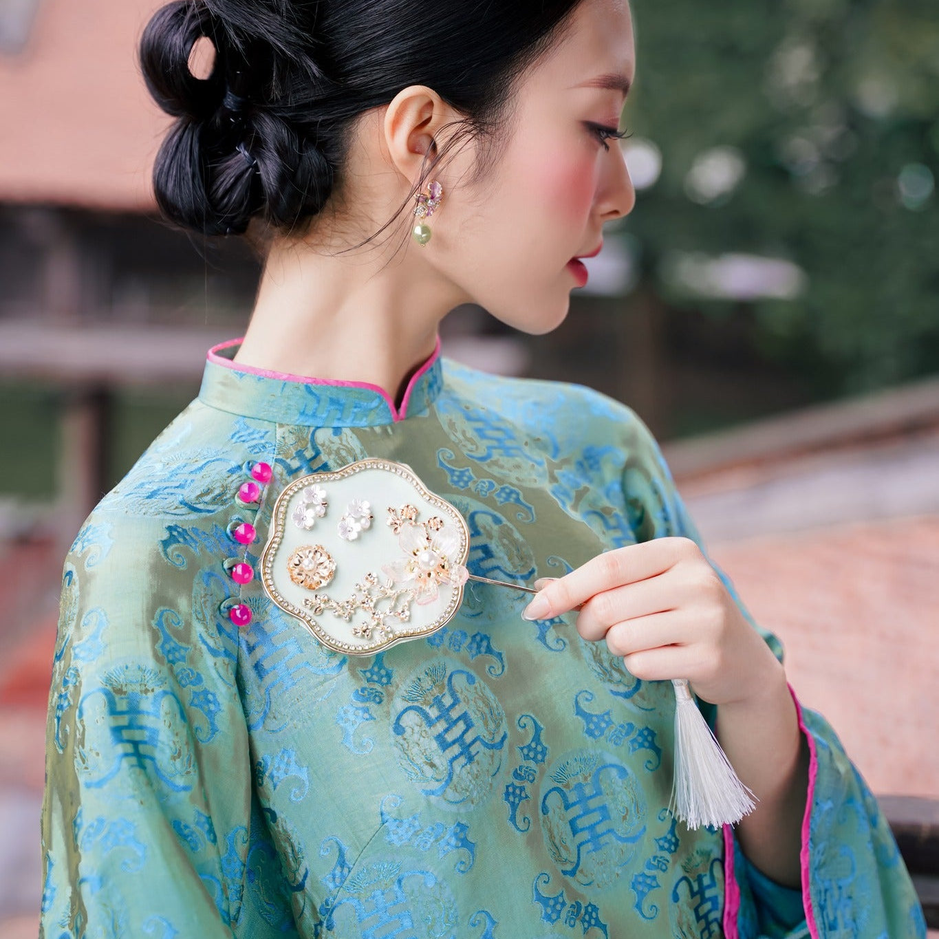 "Ngu Phuc" - Wormsilk Modern Ao Dai Set with beaded button in Jade