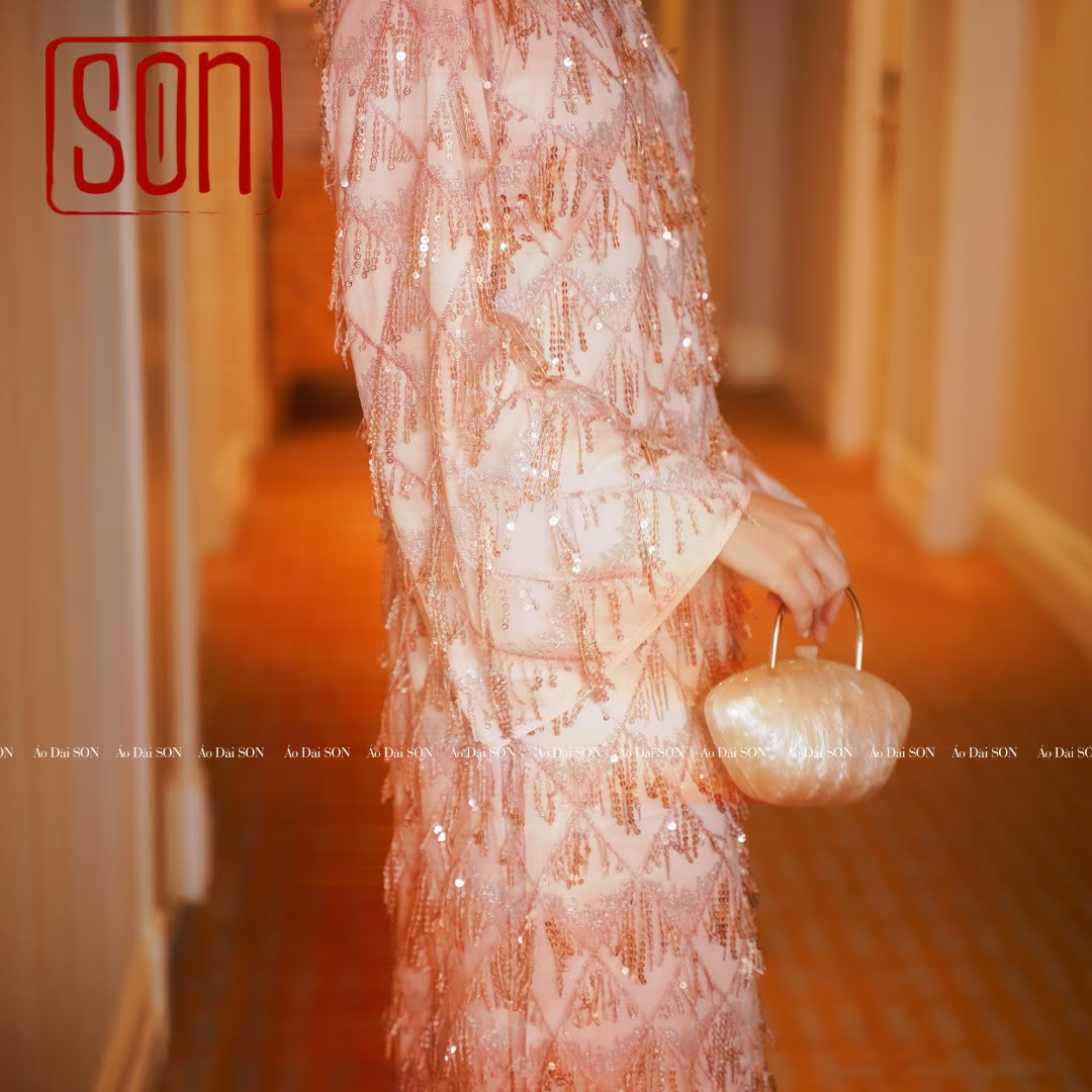 "Thuoc Son sequined Ao Dai in blush pink silk, traditional Vietnamese dress, wedding collection"