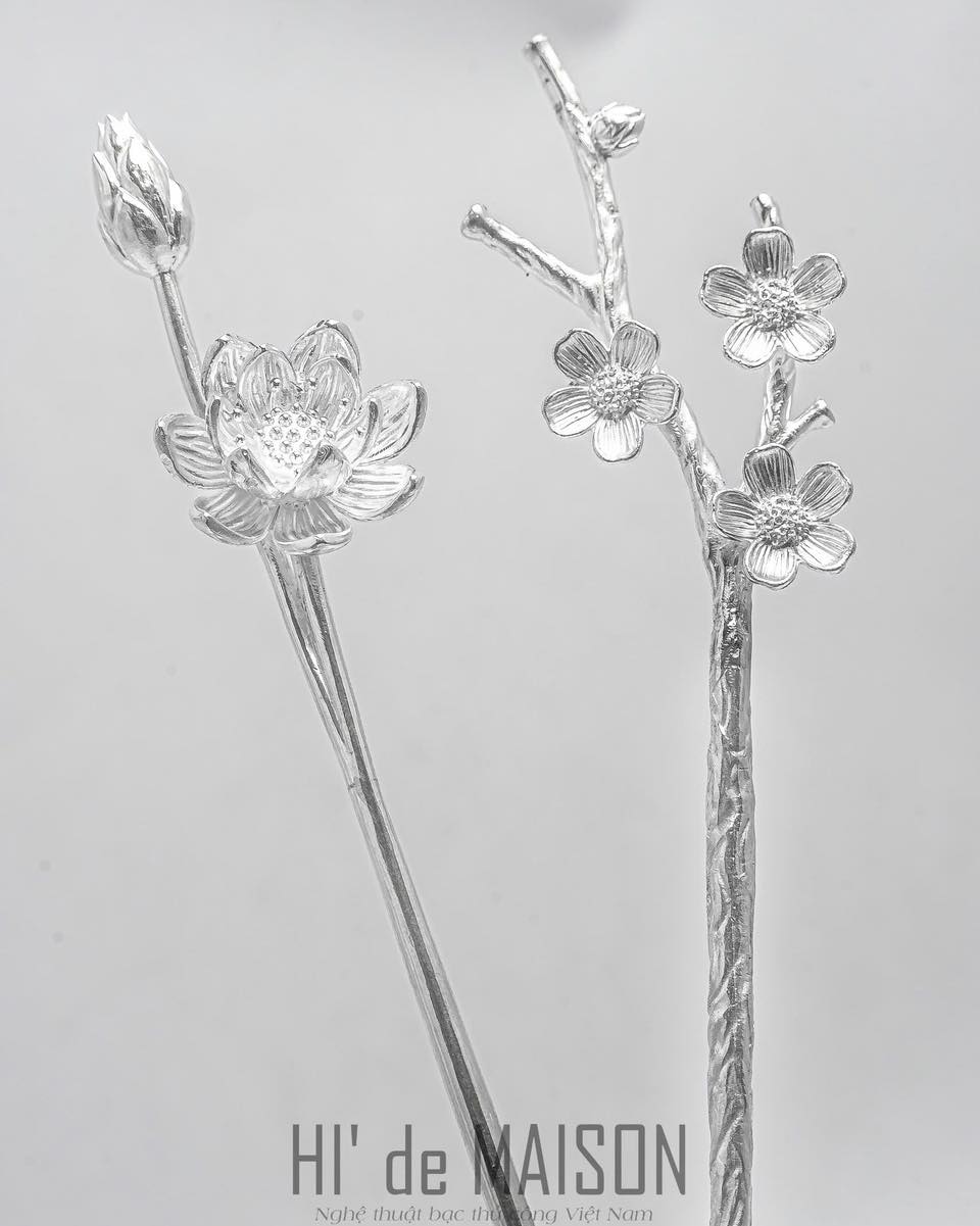 Vietnamese Silver - Mẫu Đơn Hair Pin – The Silver Peony Bloom - front view in silver by HI de Maison