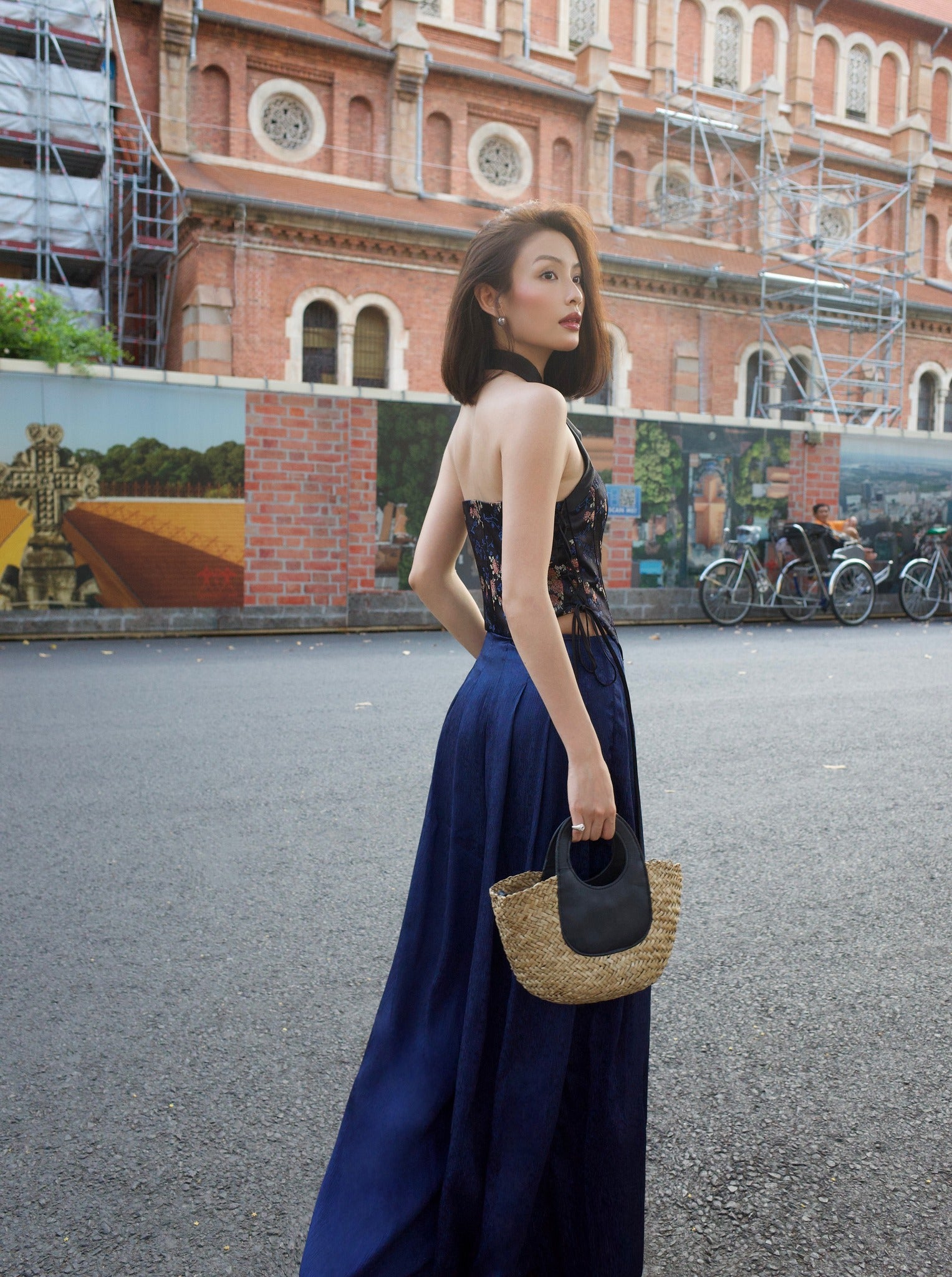 Vietnamese Embroidery - Phuong Ngoc Top & Pants - side profile in silk in navy blue by Dinh Dang