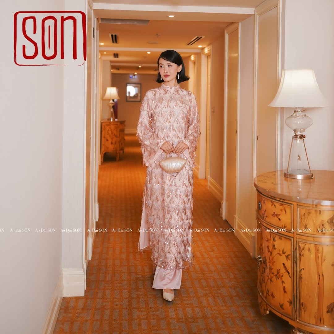 "Thuoc Son sequined Ao Dai set in blush pink silk, traditional Vietnamese wedding dress by SON"