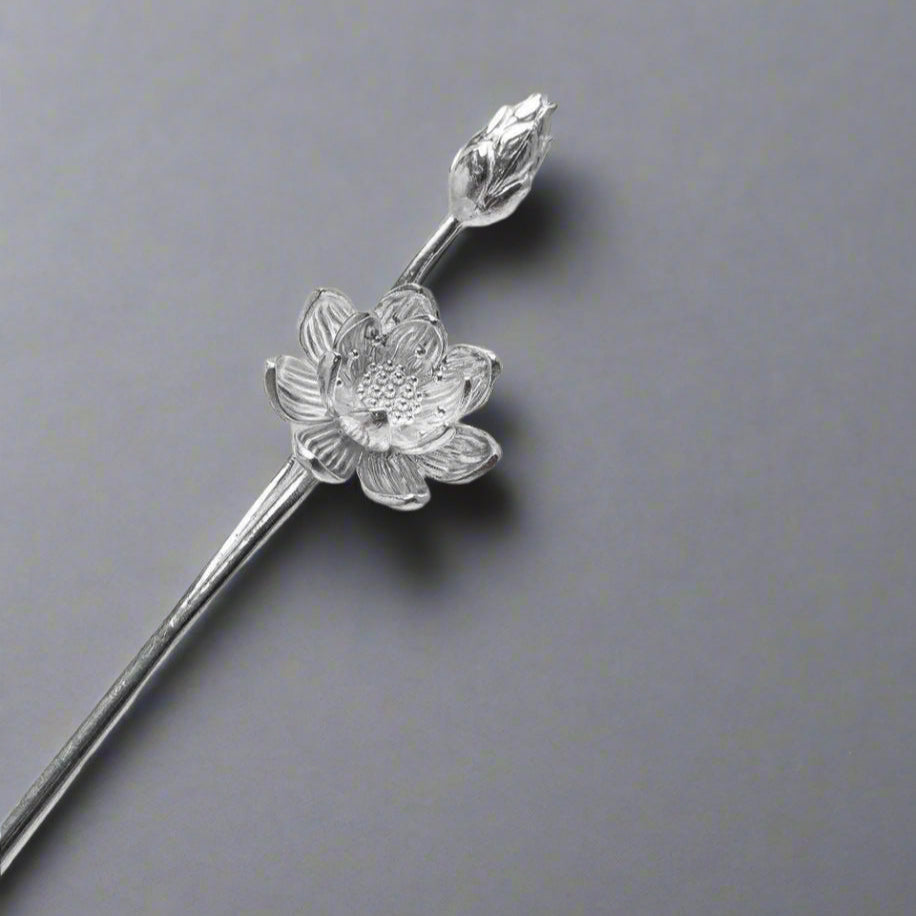 Vietnamese Silver - Mẫu Đơn Hair Pin – The Silver Peony Bloom - detail close-up in silver by HI de Maison