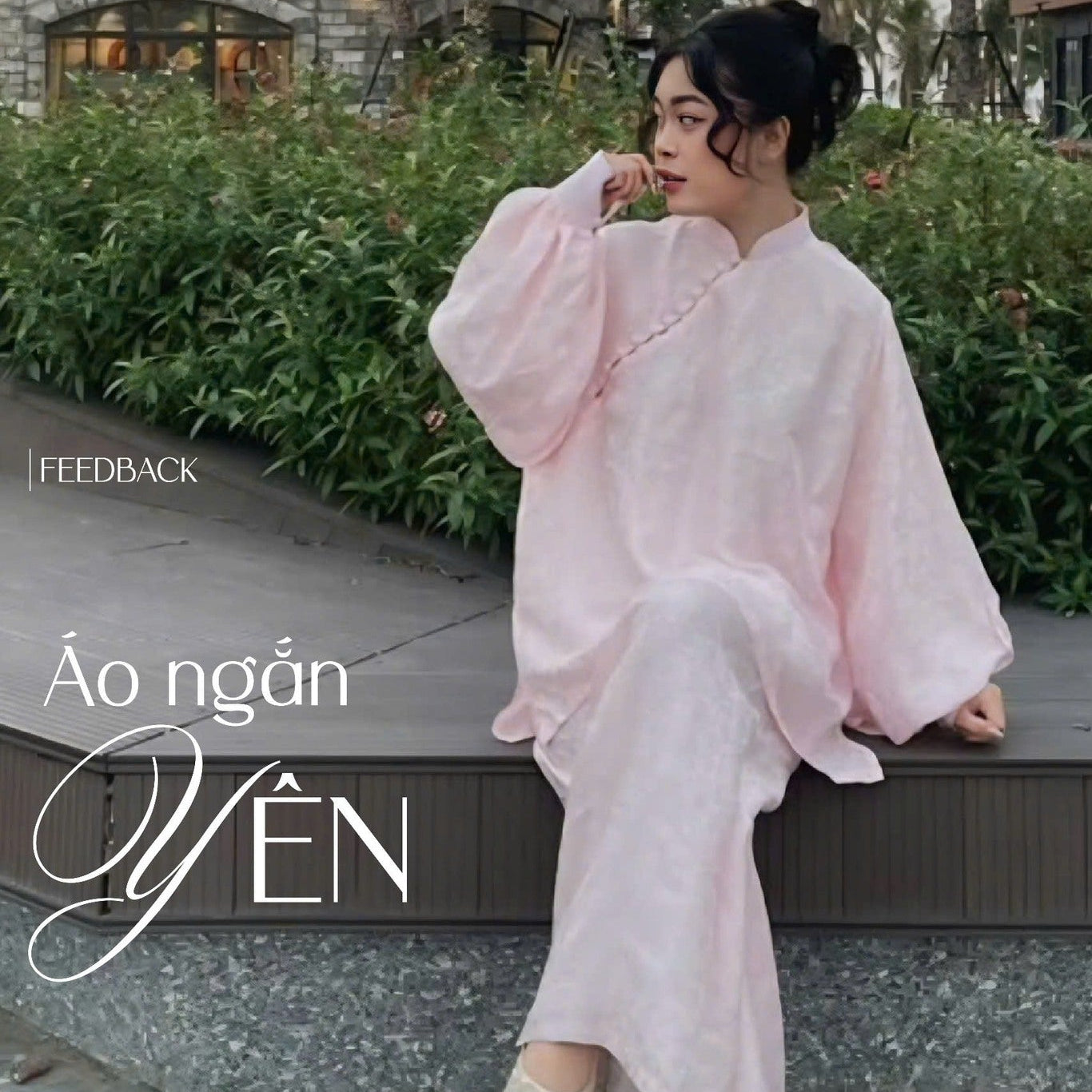 KY Ao-Ngan (Shorter version of Ao-dai) in Balloon Sleeve - Wormsilk - back view by Huyen Thai Collection