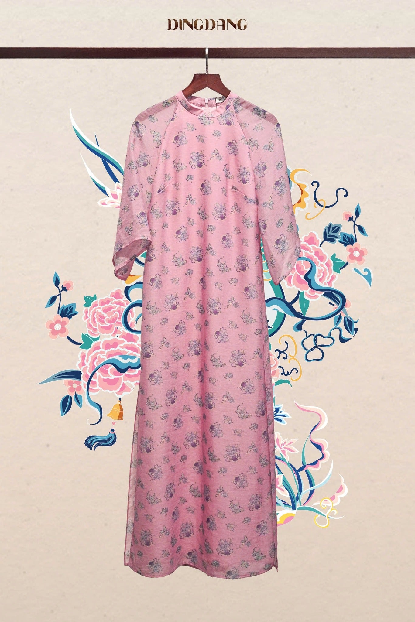 Vietnamese Ao Dai - Xuan Ca Ao dai set - flowers - back view in silk in pink by Dinh Dang