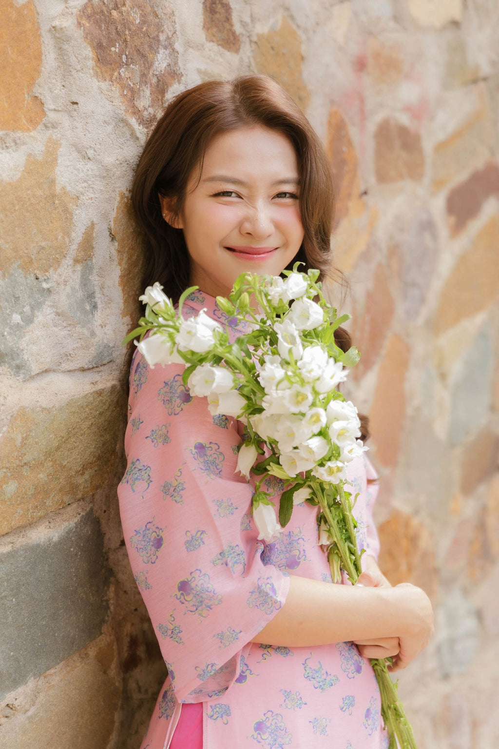 Xuan Ca Ao dai set - flower in Pink