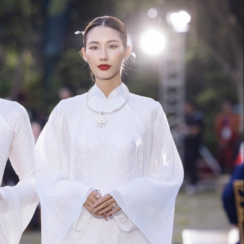 Vietnamese Ao Dai - Thiên Long Charm Pendant – The Celestial Dragon Talisman - front view in silk in white by HI de Maison