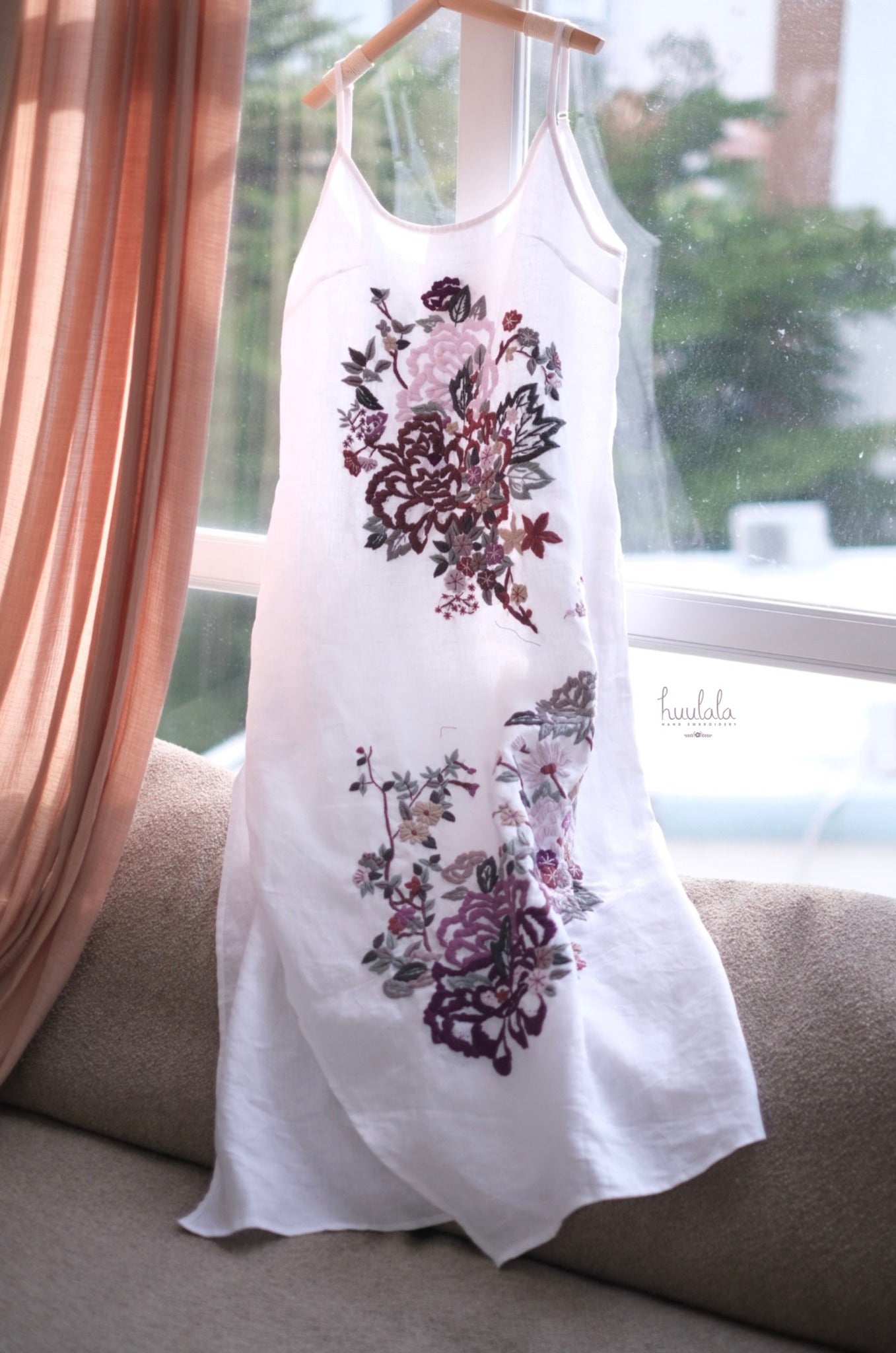 "Peony Bouquet" - Asymmetric Embroidered Linen Slip Dress in Off-White