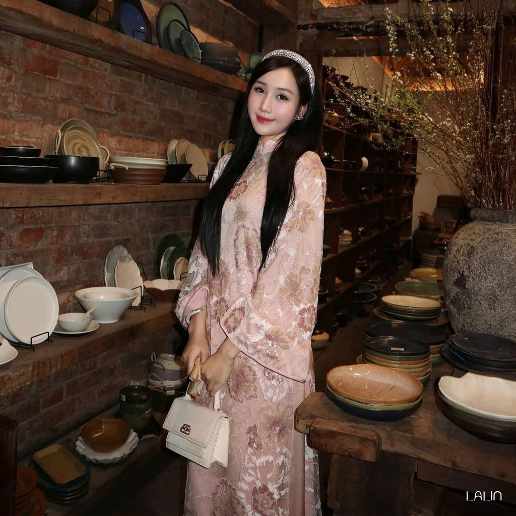 "Kim Sa Ao dai Set - Sequined Satin in Soft Blush, traditional Vietnamese dress by Lalin, floral silk design."