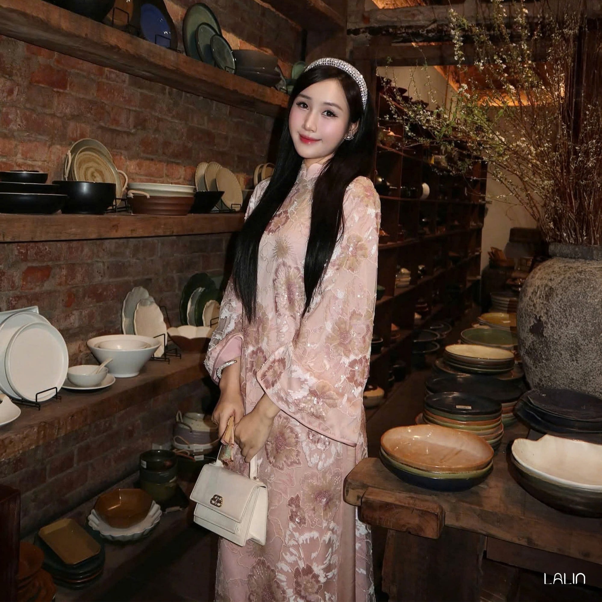 "Kim Sa Ao dai Set - Sequined Satin in Soft Blush, traditional Vietnamese dress by Lalin, floral silk design."