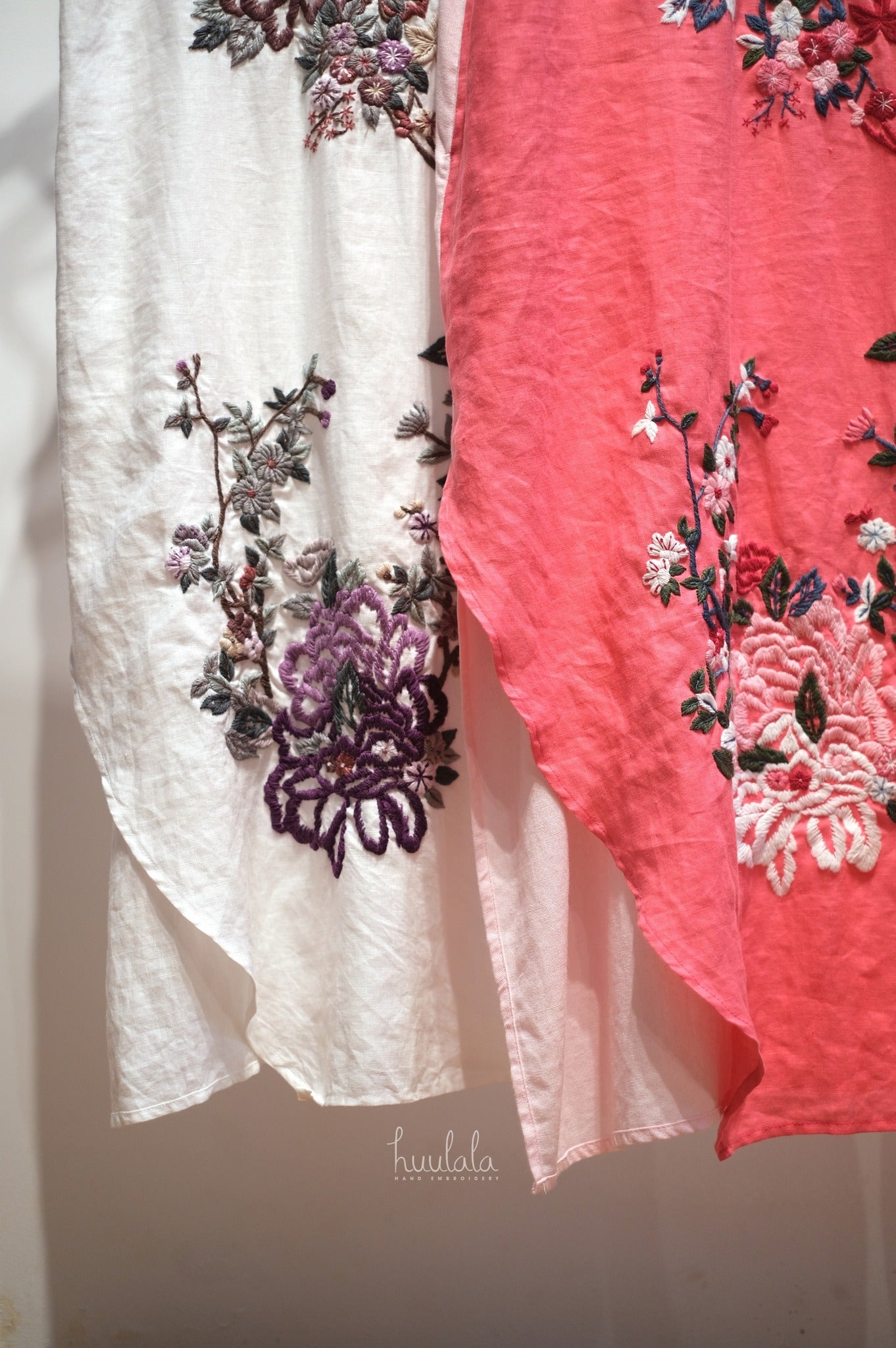 "Peony Bouquet" asymmetric embroidered linen slip dress in bright pink and white by Huulala, featuring floral patterns.