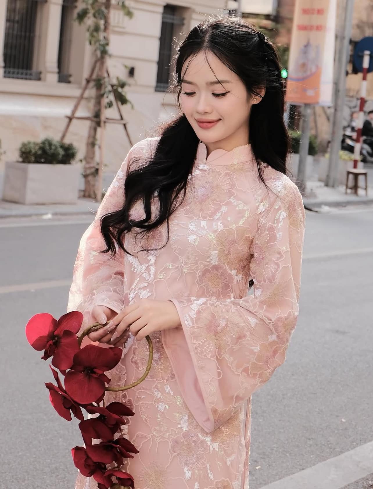 "Kim Sa Ao dai set in soft blush sequined satin, traditional Vietnamese dress by Lalin."
