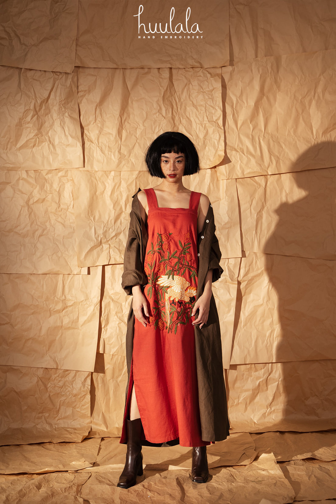 Vietnamese Embroidery - “Scarlet Canopy” Embroidered Linen Dress - front view in silk in red by Huulala