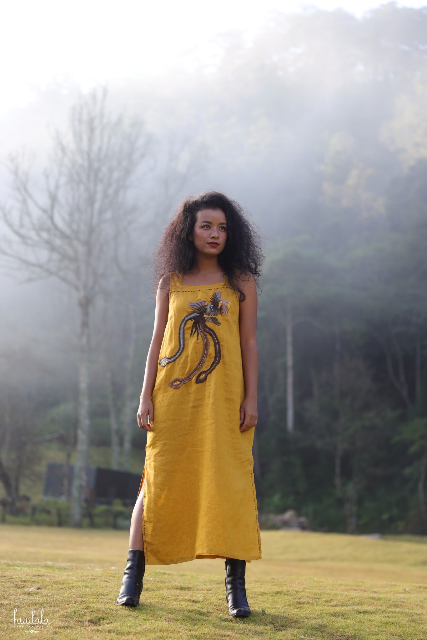 Vietnamese Embroidery - “Phoenix Aria” Embroidered Linen Dress - front view in yellow by Huulala